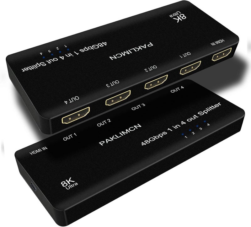 PAKLIMCN 8K HDMI Splitter 1 in 4 out 4K 120Hz, HDMI Duplicator Adapter 1 to 4 Output Simultaneously for 4 Displays, Support Full HD 1080P 3D HDCP 1.4 for PS3/4, Blu-Ray DVD Player - Not for Extend(8K1in 4 out) - Image 2
